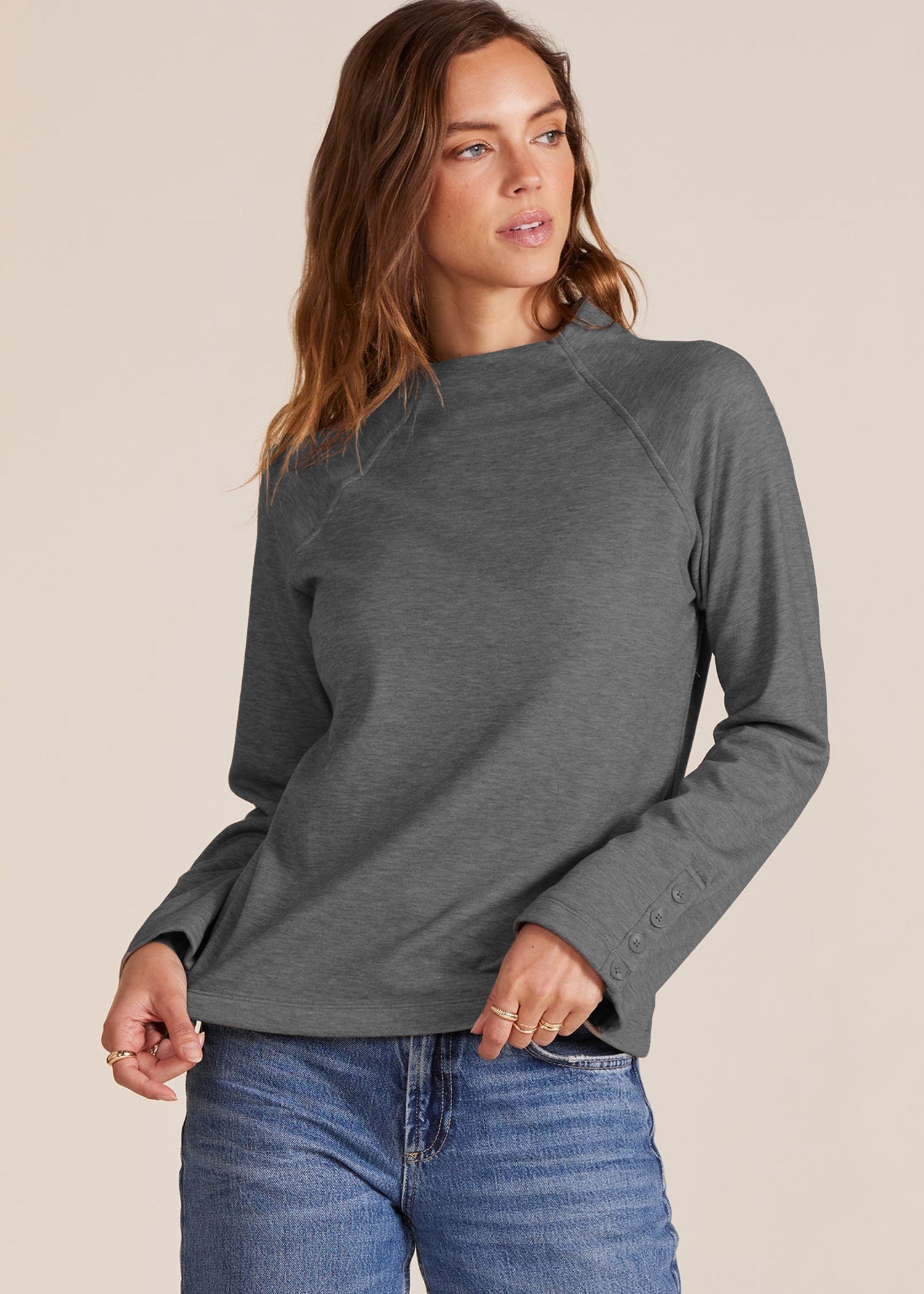 Raglan Mock Neck Button Sleeve Top in Dark Grey - Bobi