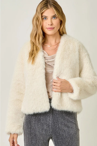 Faux Fur Open Jacket in Ivory - Mystree