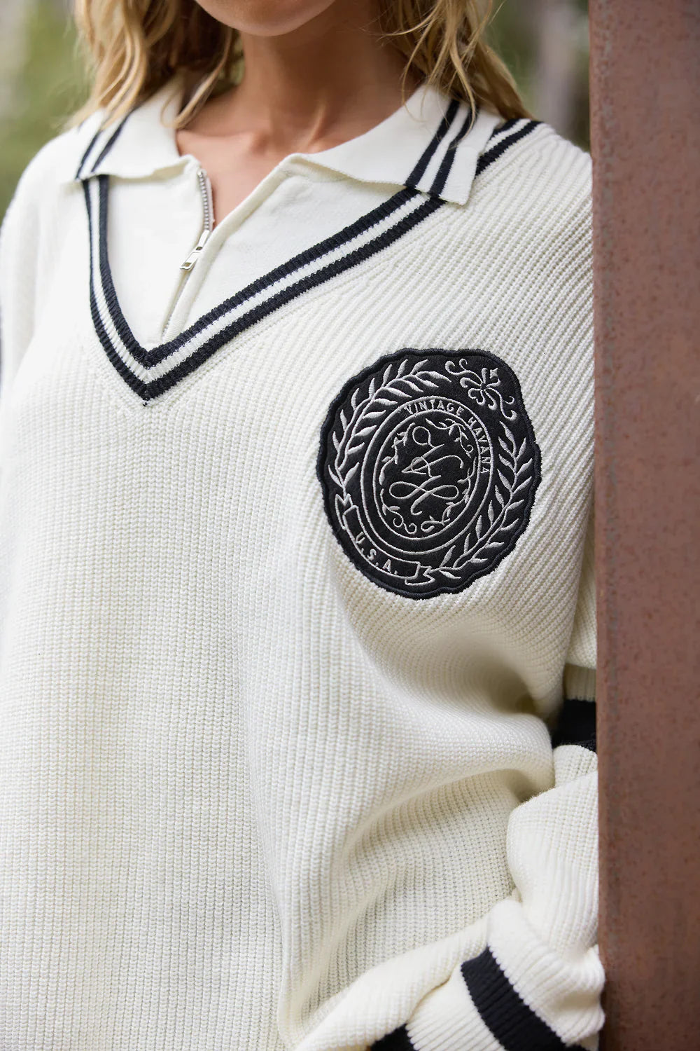 Quarter Zip Polo Sweater in Ivory - Vintage Havana