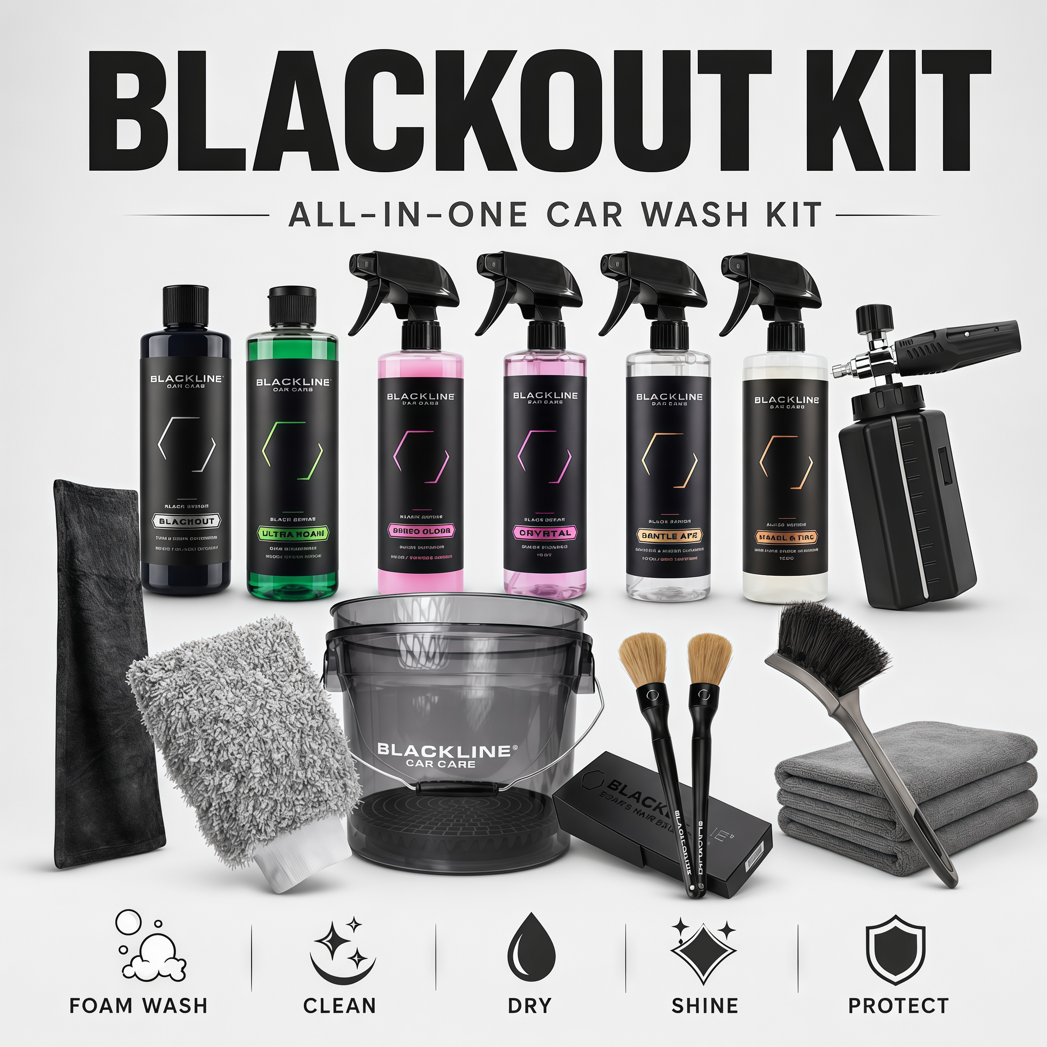 Blackout Kit – Complete Car Detailing Kit with Foam Cannon, Towels, Brushes, Wheel Cleaner & Tire Dressing