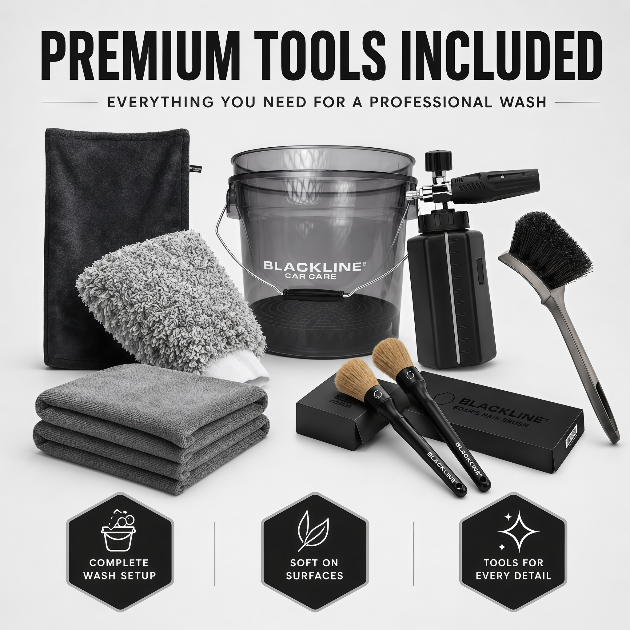 Blackout Kit – Complete Car Detailing Kit with Foam Cannon, Towels, Brushes, Wheel Cleaner & Tire Dressing