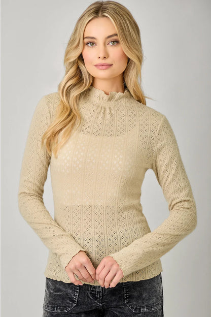 Lettuce Edge Fitted Mock Neck Top in Almond - Mystree